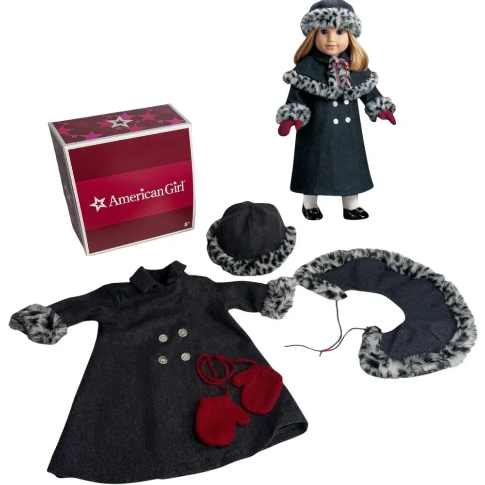 American Girl Doll Nellie Holiday Coat Hat & Mittens Faux Fur Animal Print Box